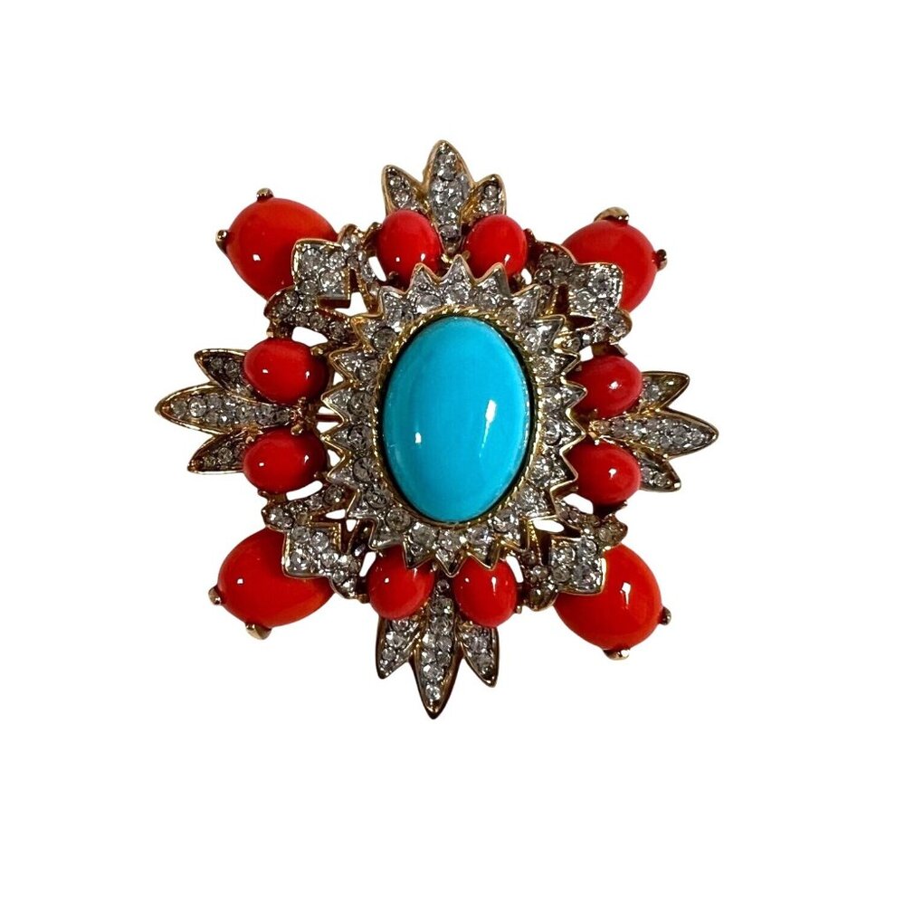 Kenneth Jay Lane KJL Gold-Tone Turquoise & Coral Cluster Pin With Rhinestone Acc